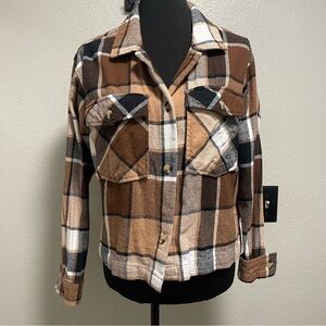Beachlunchlounge Brown Coffee Plaid Boxy Button Down Flannel Shacket Small